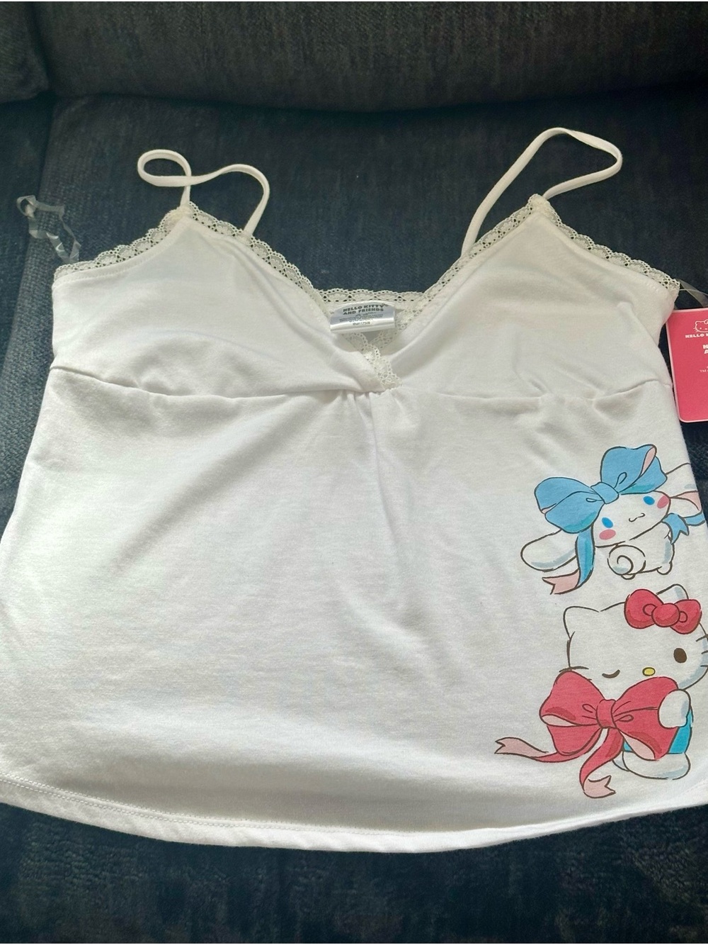 Hello Kitty White Lace-Trim Camisole with Pink & Blue Character Accents